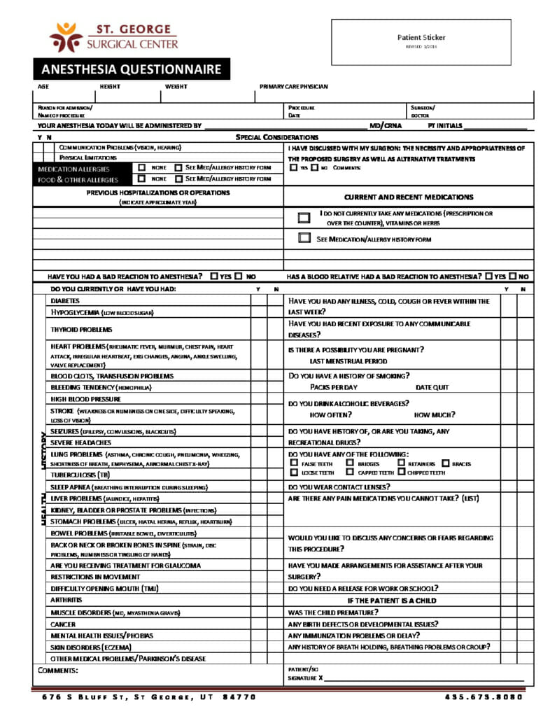 ANESTHESIA QUESTIONNAIRE Page 1 St George Surgical Center